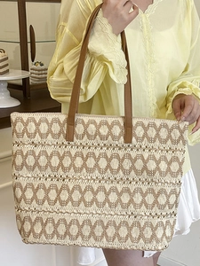 Women's large woven tote bag with geometric diamond patterns and leather handles