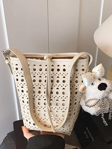 Women's Hollow Out PU Leather Bucket Bag Minimalist Shoulder Bag With Cute Plush Charm Large Capacity Handbag For Daily Work