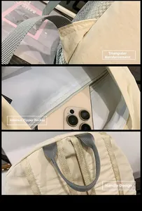 Detail showing triangle-reinforced straps, internal zipper pocket, and top handle of backpack