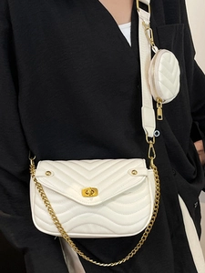 White quilted 2-in-1 chain shoulder bag with small round coin purse for women