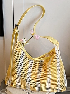 Sac Cabas d'Été en Maille Rayée pour Femmes Mode PU Cuir Épissage Grande Capacité Sac Sous-Bras Plage Vacances Sac à Main