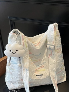 Women Large Capacity Quilted Canvas Shoulder Bag With Colorful Wave Embroidery Casual Daily Tote Bag With Cloud Charm