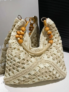 Large Capacity Straw Woven Shoulder Bag For Women Summer Beach Vacation Sweet Commuter Tote Bag With Wood Bead Handle