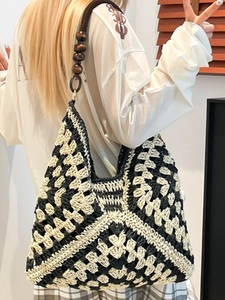 Bohemian large capacity woven tote bag with geometric patterns and wooden bead straps