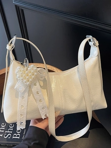 Crinkled PU Leather Underarm Bag Fashion Women Shoulder Bag With Lace Bow Artificial Pearl Heart Pendant Casual Crossbody Hobo Bag