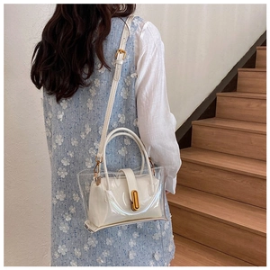 Detail showing transparent PVC tote bag with white inner pouch and golden hardware accents