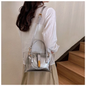 Detail of transparent PVC tote bag with silver inner pouch and gold metal lock buckle