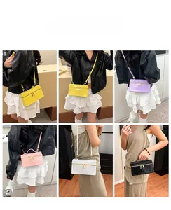 Six various models wearing the stylish crocodile pattern box bag in different colors