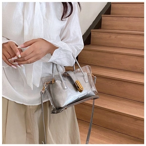 Detail of transparent PVC tote bag with silver leather inner pouch and golden metal clasp