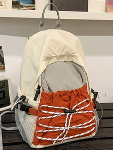 Lightweight outdoor travel backpack in beige and red contrast nylon fabric