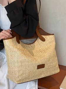 French style large capacity woven straw tote bag with brown leather handles for summer vacation