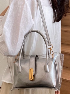 Summer transparent jelly tote bag with metallic silver inner pouch and gold hardware straps