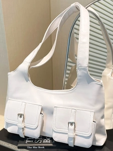 Vintage PU Leather Double Pocket Shoulder Bag For Women Minimalist Underarm Bag Fashion Commuting Handbag Daily Travel
