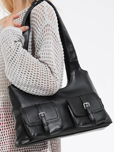 Chic black underarm bag with double pockets and silver metal buckles in Y2K style