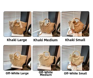 Comparaison de sacs en paille tissée kaki et crème avec nœuds en dentelle en trois tailles