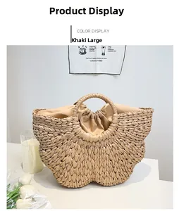 Vue détaillée du grand sac de plage tressé kaki avec doublure beige à cordon serrage