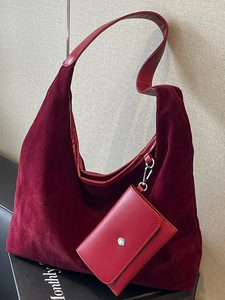 Minimalist burgundy suede tote bag set with detachable small matching purse for women