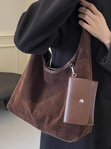 Retro dark brown suede tote bag featuring a spacious semi-circle design for women