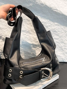 Retro Punk Y2K Motorcycle Shoulder Bag PU Leather Large Capacity Hobo Bag With Metal Buckle Grommet Detail For Women Daily