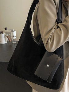 Minimalist large black suede tote bag with small leather pouch for women's daily commute
