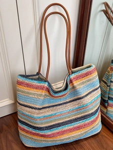 Large Capacity Striped Straw Woven Tote Bag For Women Summer Beach Vacation Shoulder Bag Fashion Weaving Travel Handbag