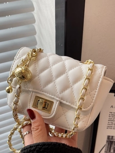 Chic white quilted crossbody bag with adjustable gold ball chain and twist lock