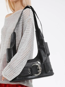 Retro black biker underarm bag with large silver buckles and matte faux leather texture