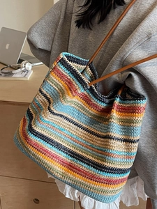 Large colorful striped straw woven tote bag for summer beach holidays and daily use