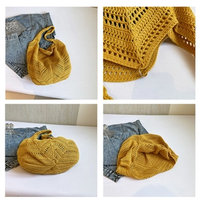 Detail of ginger crochet tote bag showing wave-pattern hollow knit and shoulder strap