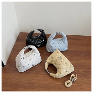 Detailed display of quilted hobo bags in four colors with star metal accents and chain straps