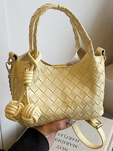 Sac seau tressé jaune chic avec double poignée et breloques sphériques