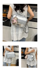 Collage of a silver PVC Ita bag showing crossbody and handheld styles in a home setting