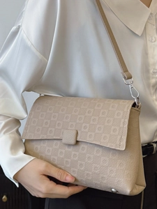 Elegant beige crossbody bag with checkered embossing and square buckle for daily commute