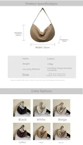 Detailed chart showing canvas tote bag dimensions, weight, and multiple color options