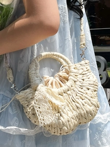 Sac à main en paille tissé avec nœud en dentelle et pochette intérieure en tissu beige