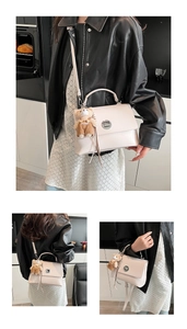 Detailed views of pale pink messenger bag with rotating lock and cute plush bear charm