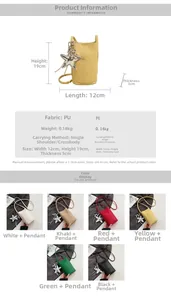 Detail view of mini PU bucket bag showing various colors and specific dimensions table