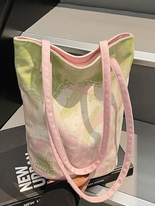Sac Fourre-tout en Toile pour Femmes Imprimé Floral Grande Capacité Sac à Épaule Frais Décontracté Shopping Rose Vert
