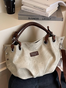 Japanese Retro PU Leather Tote Bag Large Capacity Stitched Design Women Commuter Shoulder Bag Work Handbag School Bag