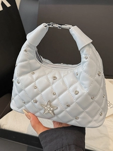 Women Fashion Quilted PU Leather Hobo Bag Rhinestone Star Studded Underarm Shoulder Bag Chic Casual Crossbody Chain Bag