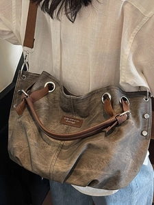 Retro PU leather large tote bag for women with crossbody strap and logo detail