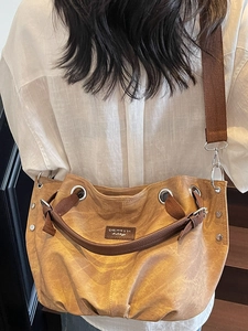 Retro mustard yellow tote bag in PU leather with wide fabric strap for women