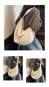 Macro detail of white woven bubble texture on a large capacity casual tote shoulder bag