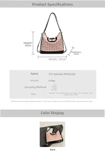 Detail showing pink PU tote bag dimensions 33x30x10cm with black bow and ruffle details
