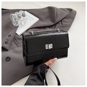 Close-up of black crocodile texture handbag with silver chain and metal twist lock