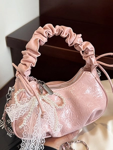 Women Ruched Cloud Bag PU Leather Artificial Pearl Lace Bow Shoulder Bag With Detachable Chain Strap Sweet Vintage Handbag For Girls