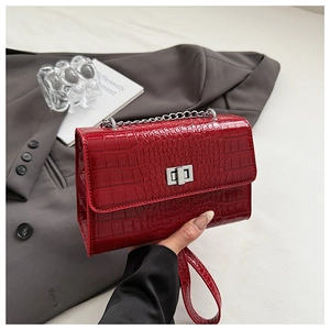 Detail of burgundy crocodile pattern crossbody bag with silver chain and metal lock
