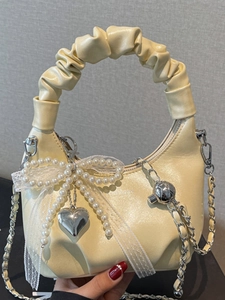 Women Pleated Handle PU Leather Shoulder Bag With Artificial Pearl Bow Heart Pendant Elegant Solid Color Underarm Crossbody Bag