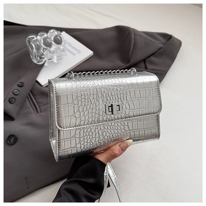 Close-up of silver crocodile pattern handbag with metal chain and rectangular turn-lock