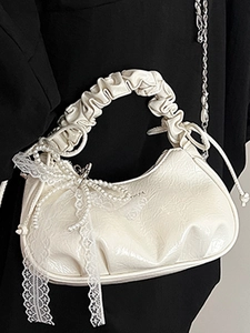 Chic pleated cloud bag with pearl lace bow and silver chain strap for women